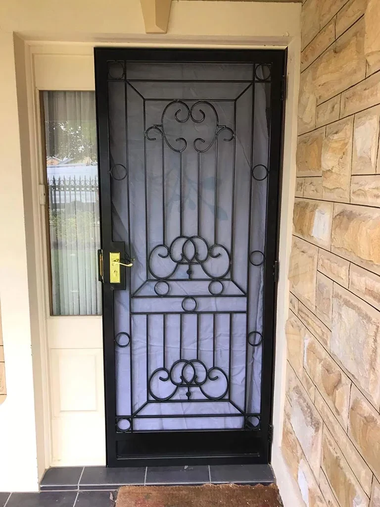 Decorative black steel security screen door