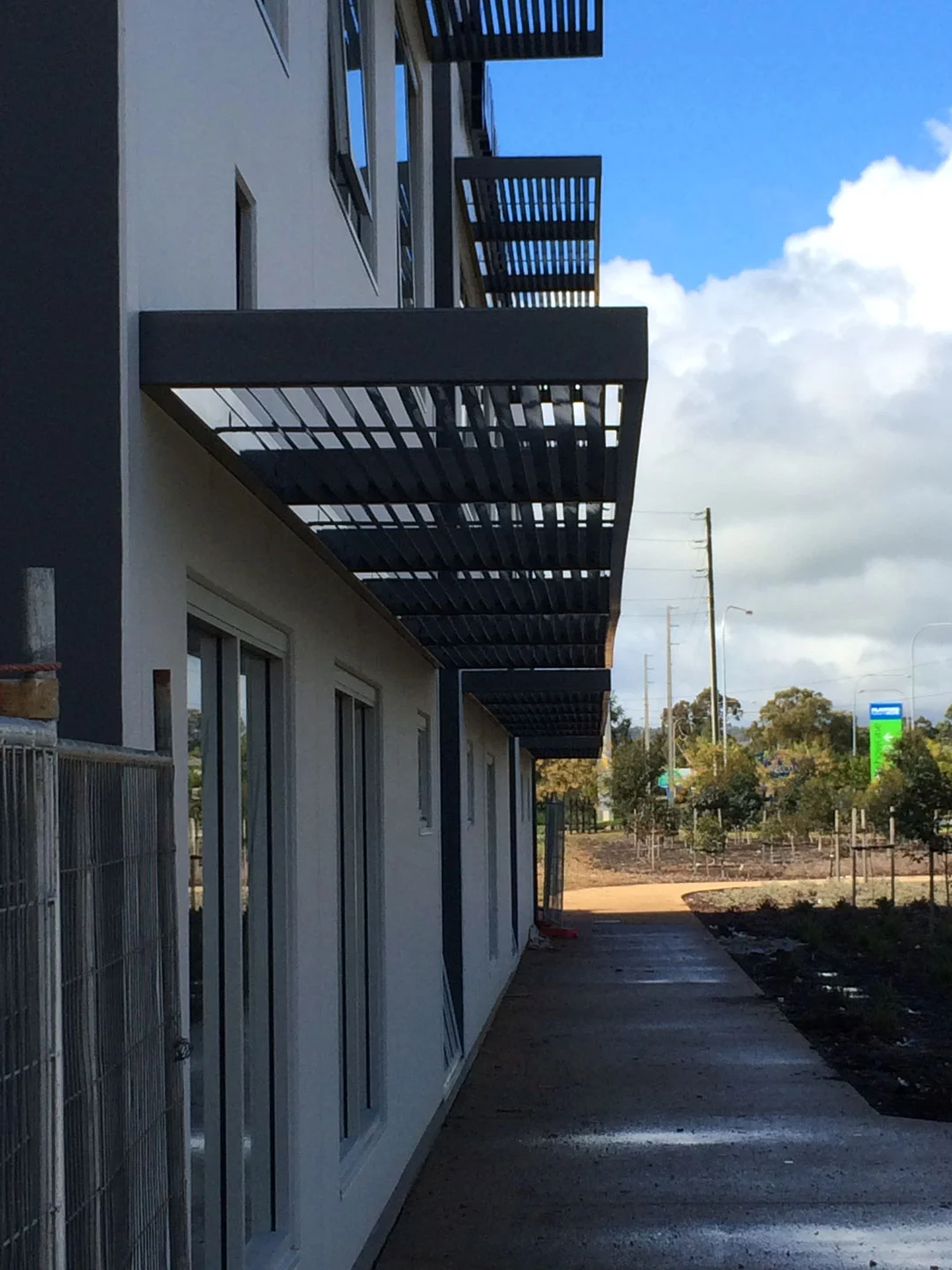 External steel awning frame on a commercial building
