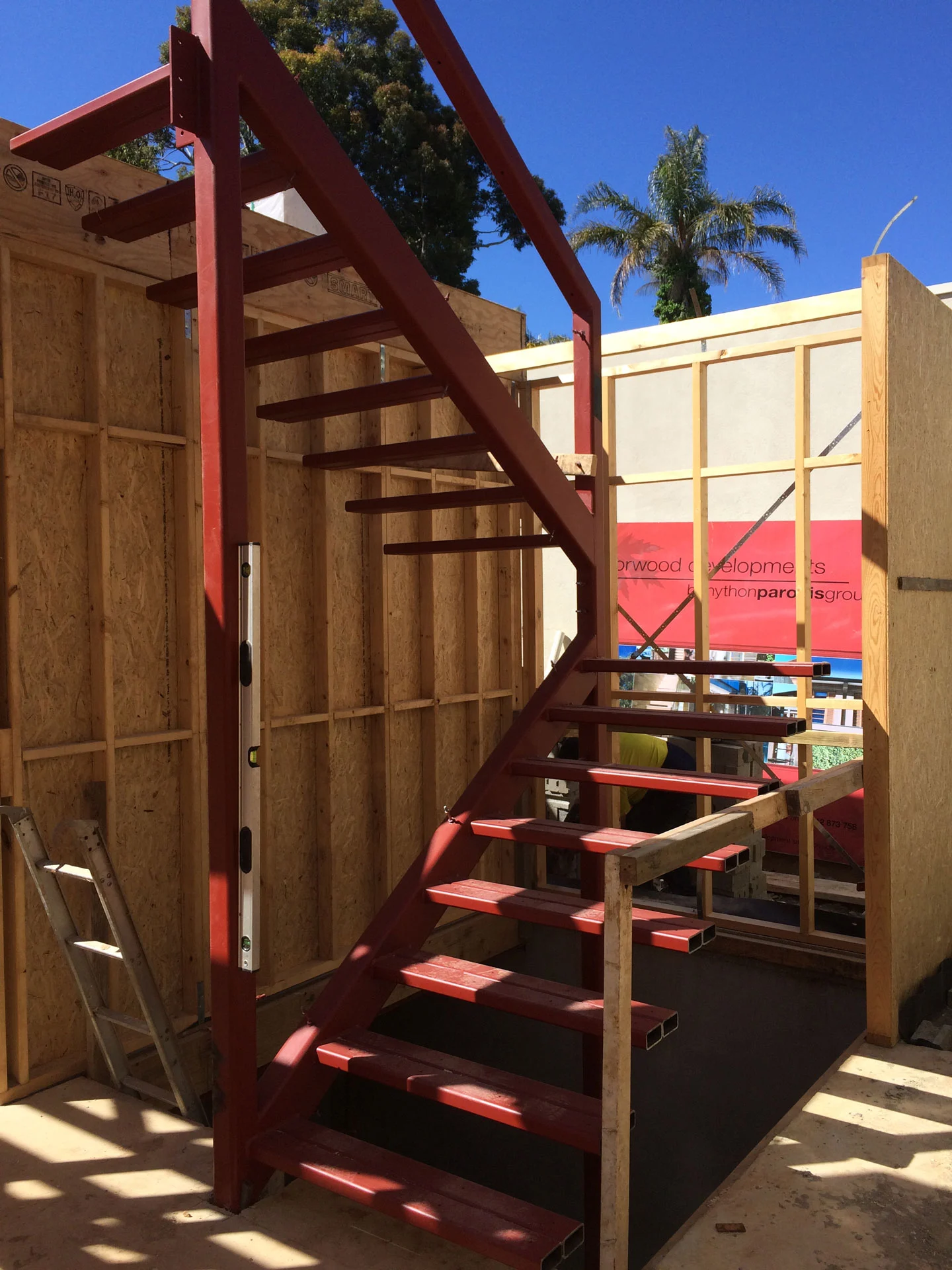 Internal fabricated steel staircase during construction