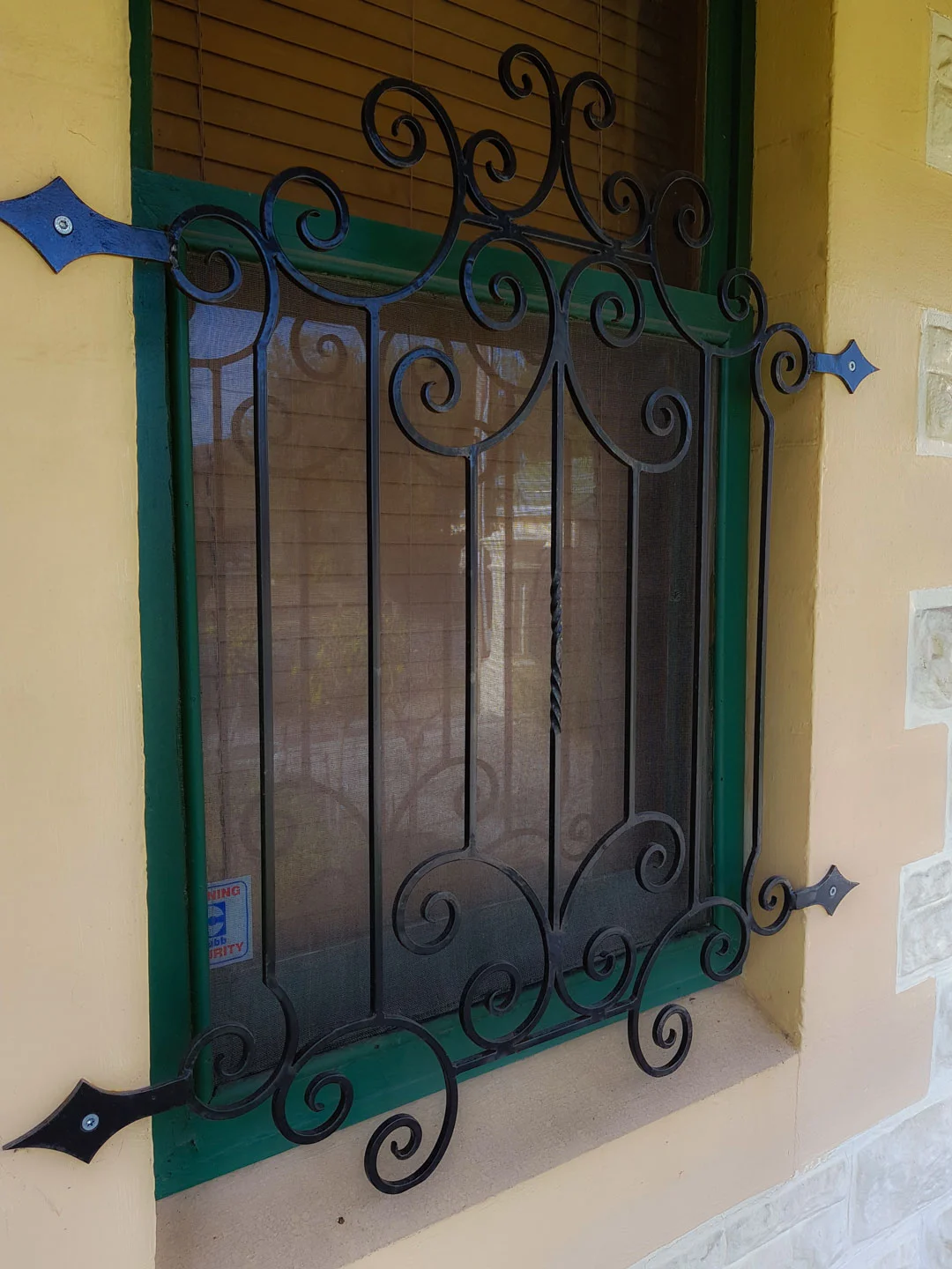 Decorative wrought iron window grille with scrollwork